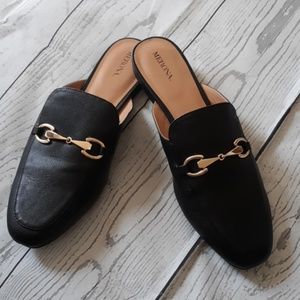 Black slip on loafer mules